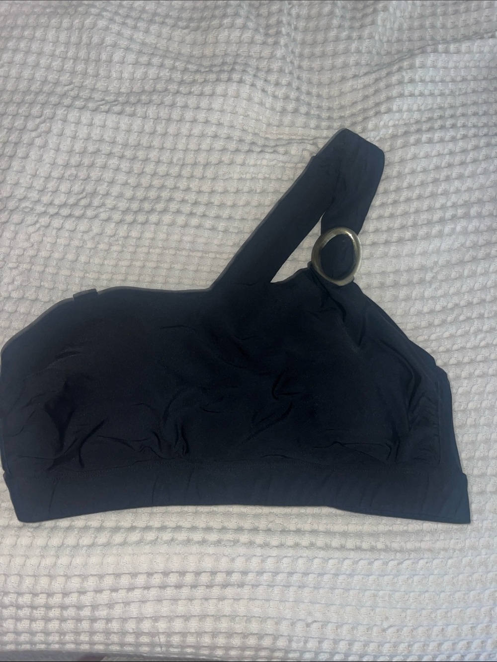 Time and Tru Black One-Shoulder Bikini Top with Ring Accent